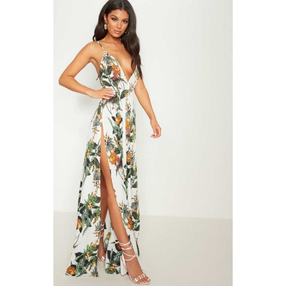 PLT White floral prints extreme splits strappy back dress